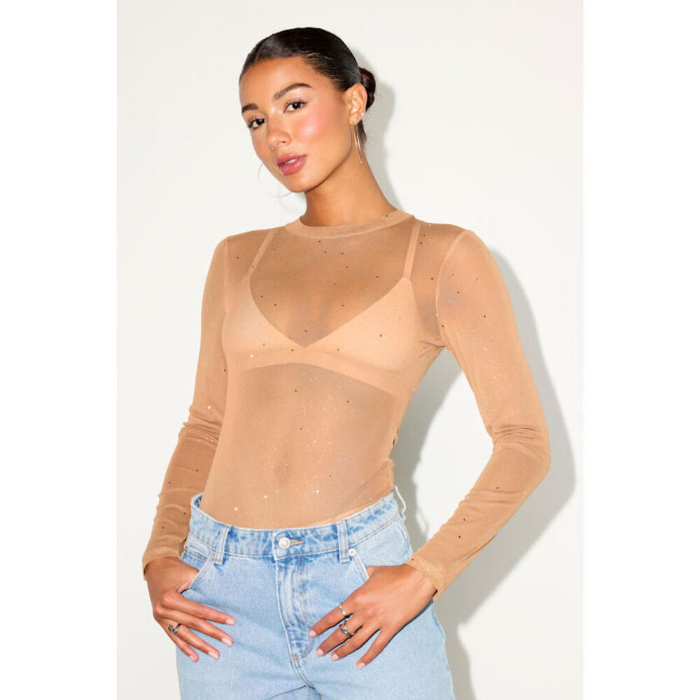 NWT Lulus Strikes An Attitude Light Nude Mesh Embellished Mesh Bodysuit Beige
